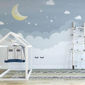 Custom Size Blue or Pink Starry Clouds and Moon Children's Room Wallpaper, Kids Room Peel and Stick Nursery Wall Mural, Self Adhesive