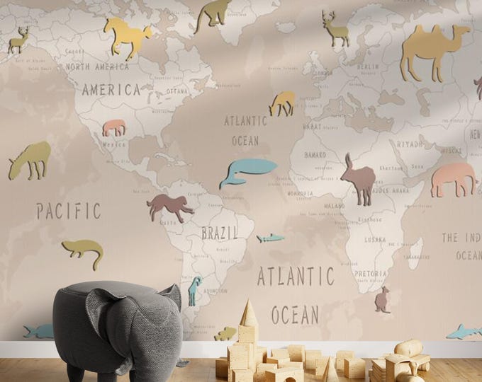 Kids Room Wall Mural, Animal Theme World Map Wallpaper, Educational Wall Decal For Nursery, Peel and Stick , Discover The World