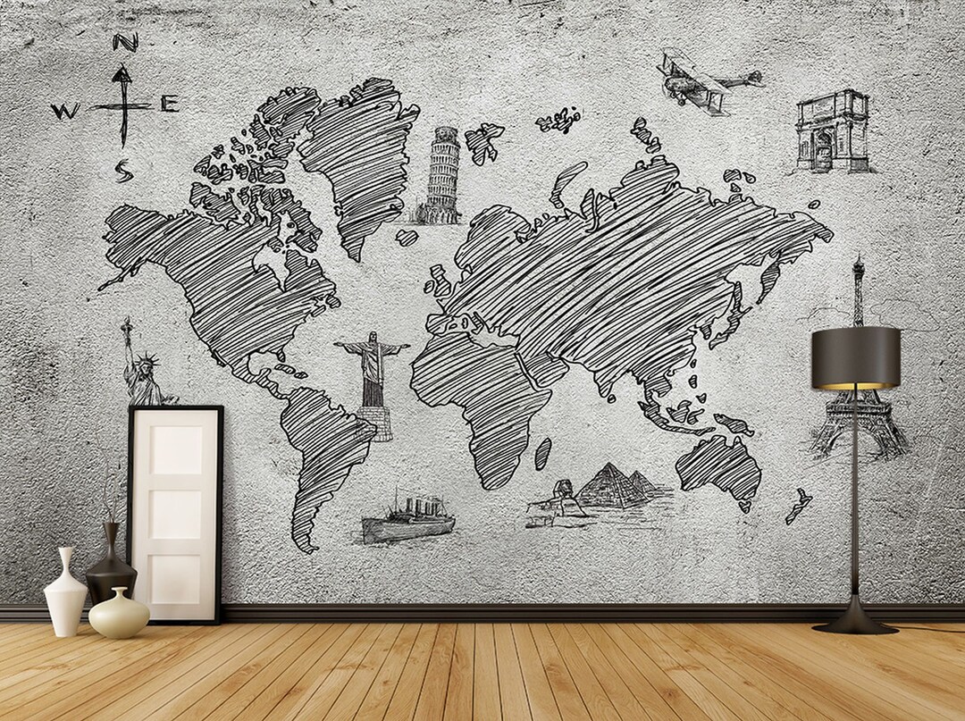 Sketch World Map Wallpaper Hand Painted on Stone Wall Mural Home Decor ...