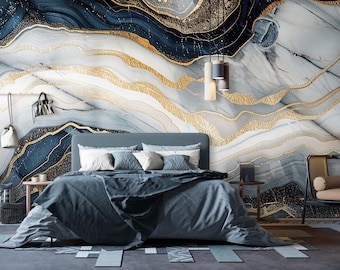 Luxury Black and Gold Marble Wallpaper – Abstract Metallic Vein Wall Mural for Modern Living Rooms, Offices, or Statement Wall Decor