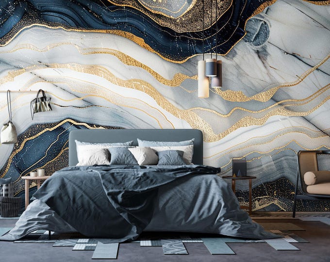 Luxury Black and Gold Marble Wallpaper – Abstract Metallic Vein Wall Mural for Modern Living Rooms, Offices, or Statement Wall Decor