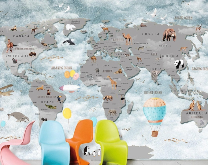 World Map Wallpaper Mural for Kids Room – Educational Animal Wall Art with Balloons, Planes & Continents – Peel and Stick Decor Idea