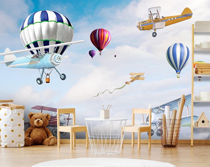Vintage Airplane & Hot Air Balloon Wallpaper Mural – Whimsical Sky Scene for Kids Bedroom or Nursery – Peel and Stick Wall Decor Idea