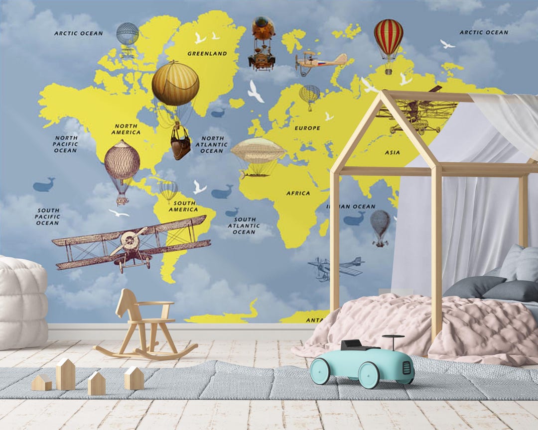 Hot Air Balloon World Map Wallpaper – Yellow & Blue Kids Mural for ...