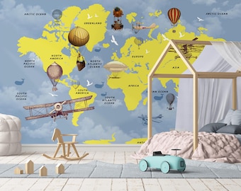 Papel pintado con mapa del mundo de globos aerostáticos: mural infantil amarillo y azul para guardería o sala de juegos, decoración de pared con geografía educativa, autoadhesivo.