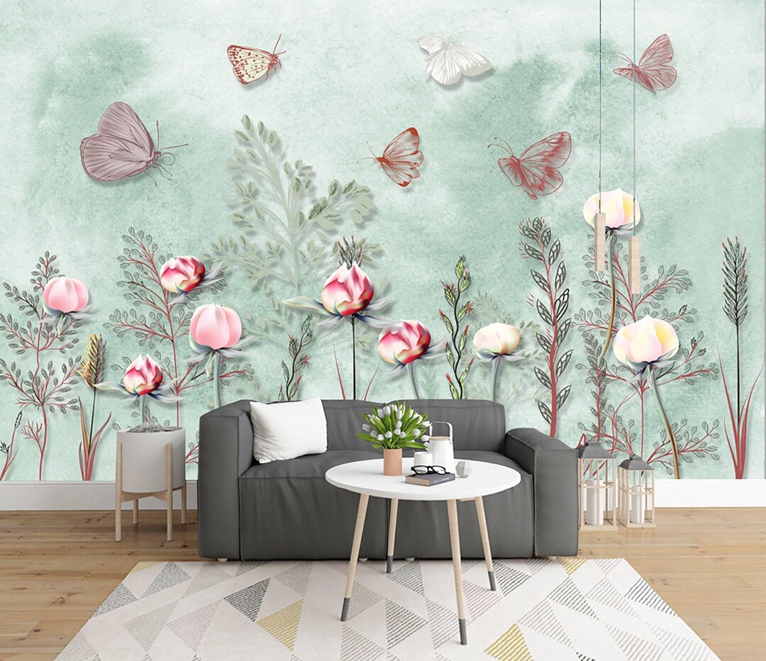 Butterfly Floral Wall Mural Flowers Wallpaper Modern Home Decor for ...