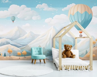 Air Balloons and Mountains Child Room Wallpaper, Colorful Sky and Clouds Nursery Peel And Stick Wall Mural Child and Baby Room Wall