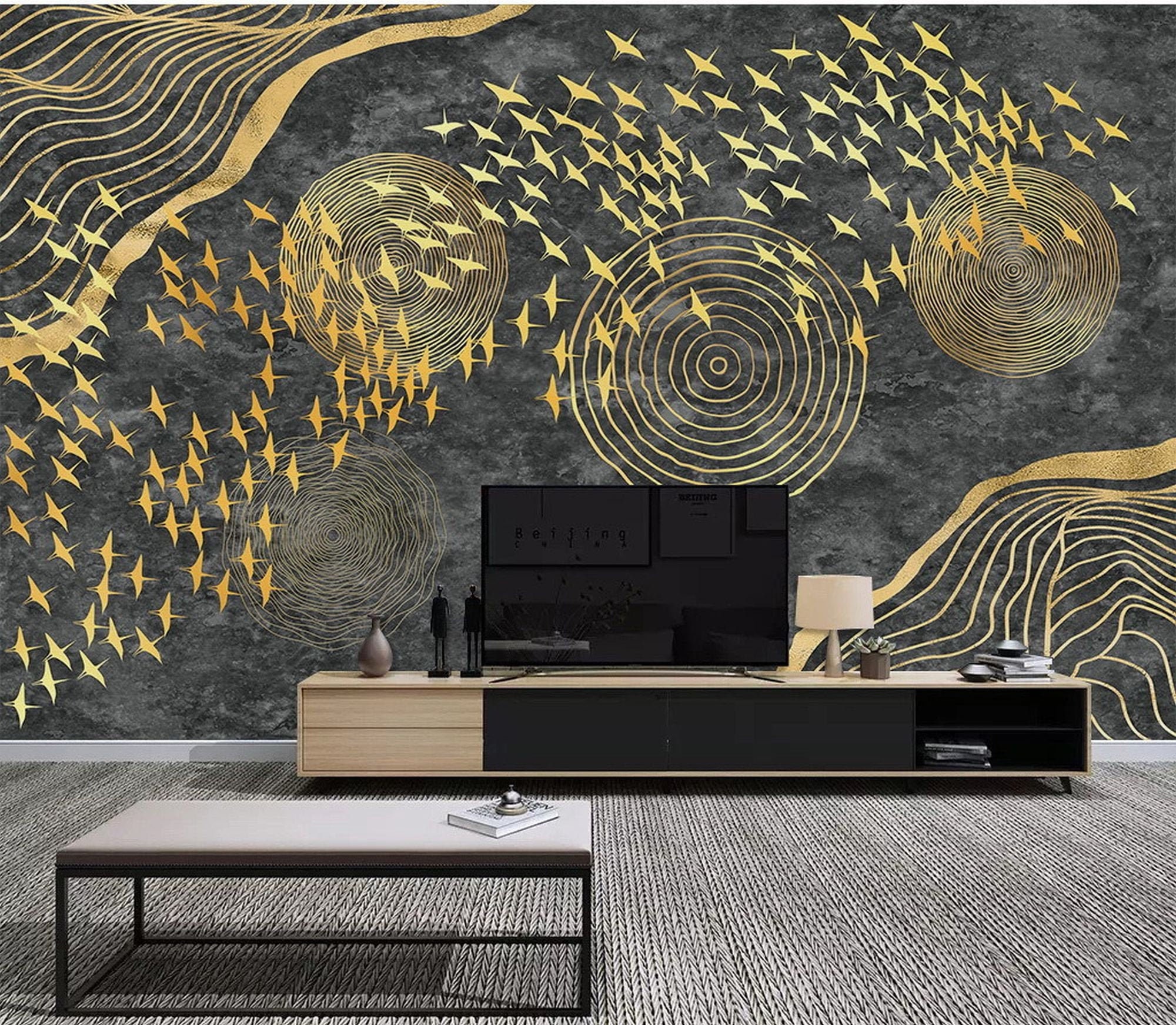 Self Adhesive Peel and Stick Abstract Wallpaper Removable Gray and Gold Line Wall Mural Living Room Bedroom Entryway Cafe