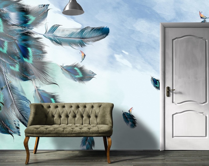 Blue Feather Wall Mural – Elegant Watercolor Bird Feather Wallpaper for Living Room, Whimsical Nature Art, Light Airy Home Decor