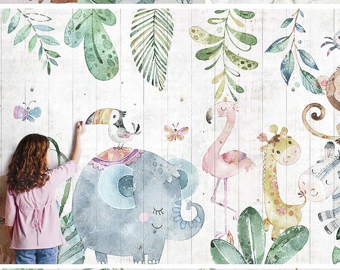 Child Room Wallpaper, Nursery Floral and Animal Wall Mural, Elephant , Lion , Monkey, Giraffe Mural , Tropical Baby Room Wall Decoration
