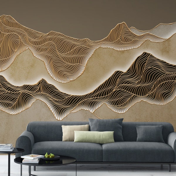 Abstract Golden Waves Wall Mural Wallpaper Home Decor For Living Room Bedroom Entryway Cafe (AB26A)