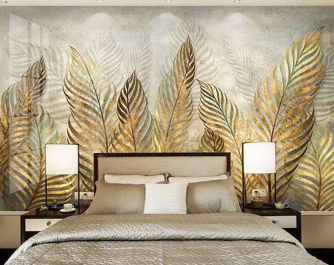 Gold Leaf Wallpaper, Floral Wall Mural, Large Botanical Leaves Wallpaper, Modern Elegant Home Decor, Stylish Tropical Flowers Wall Decal,