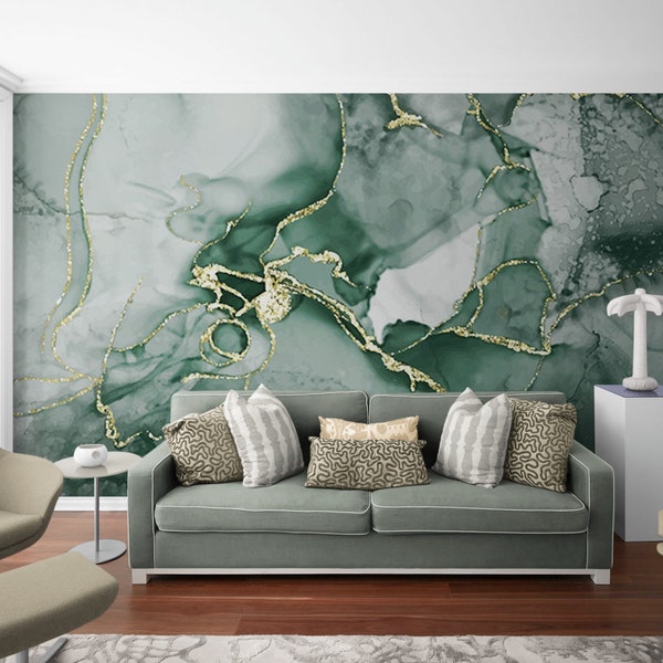 Green Marble Style Wallpaper Wall Mural, Natural Stone Mural with Gold Shades, Peel and Stick Wallpaper for Bedroom, Living Room, Entryway