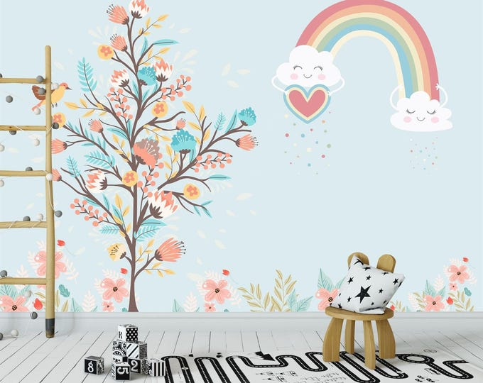 Rainbow Child Room Wallpaper Bird on Tree Cartoon Wall Mural , Nursery Room Wall Mural, Customized Background Color