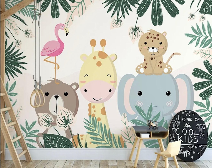 Jungle Animal Mural Wallpaper – Cute Safari Nursery Wall Art with Giraffe, Elephant, Bear, Flamingo – Peel and Stick  Decor