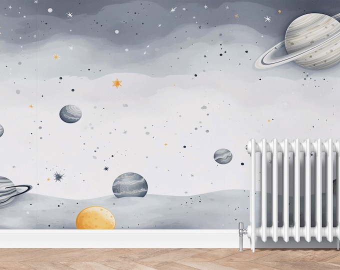 Abstract Gray Planet and Stars Children Wallpaper, Self Adhesive Peel and Stick or Traditional Wall Murals, Unique Space Nursery Wall Decals