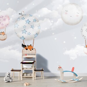 Fox with Air Balloons Kids Room Wallpaper, Cartoon Wall Mural, Floral Nursery Room Decor, Animal Theme Blue Clouds, Sky and Moon Wall Decal