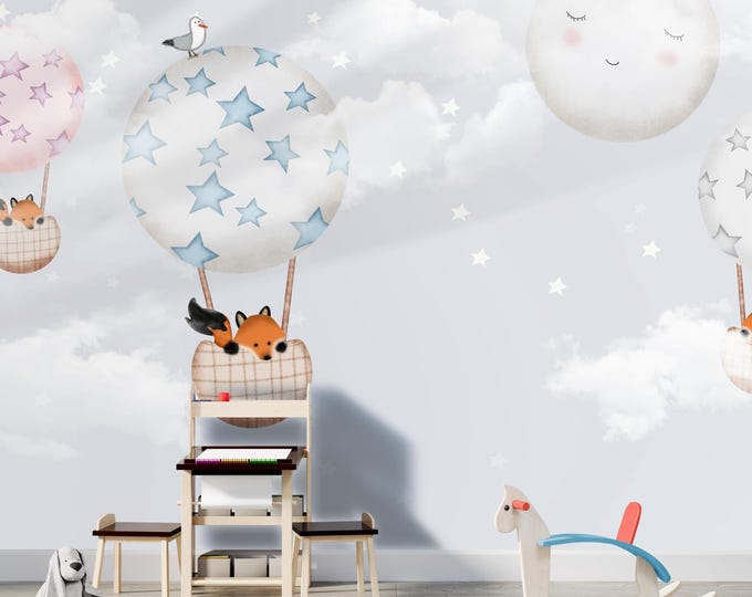 Fox with Air Balloons Kids Room Wallpaper, Cartoon Wall Mural, Floral Nursery Room Decor, Animal Theme Blue Clouds, Sky and Moon Wall Decal