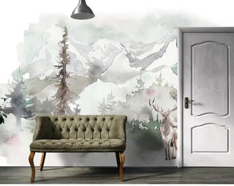 Watercolor Mountain Forest Wall Mural, Snowy Peak Wallpaper with Deer, Rustic Woodland Landscape Art for Bedroom, Office, Peel And Stick