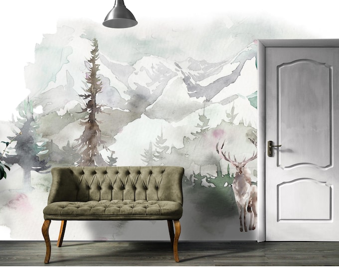 Watercolor Mountain Forest Wall Mural, Snowy Peak Wallpaper with Deer, Rustic Woodland Landscape Art for Bedroom, Office, Peel And Stick