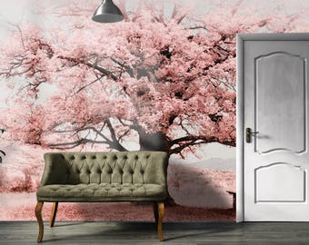 Pink Tree Wallpaper, Tree Of Life Wall Mural, Big Spring Theme Wall Decal, Peel and Stick  Wallpaper, New Home Gift For Couples