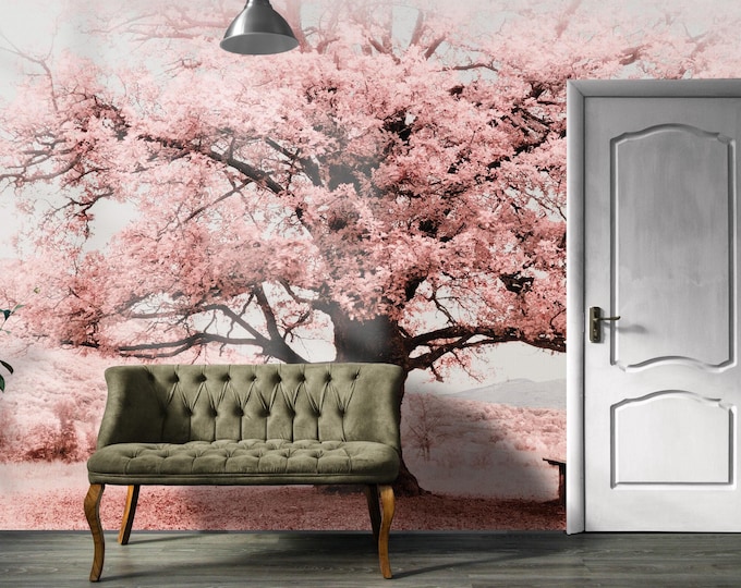 Pink Tree Wallpaper, Tree Of Life Wall Mural, Big Spring Theme Wall Decal, Peel and Stick  Wallpaper, New Home Gift For Couples