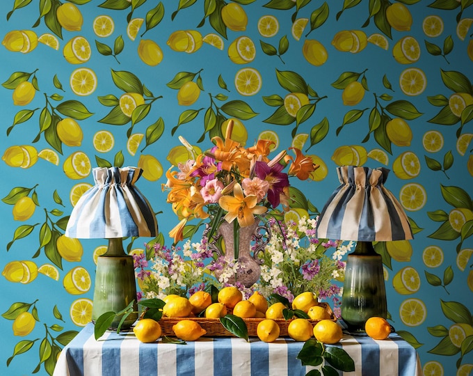 Vibrant Lemon Fruit Wallpaper, Bright Blue and Yellow Wall Mural, Mediterranean Kitchen Decor, Summer Accent, Removable Peel & Stick
