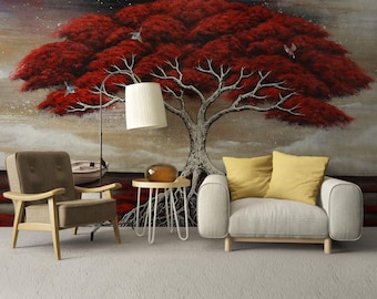 Red Tree Floral Wallpaper Mural Removable Peel and Stick Wallpaper Modern Home Decor Fabric Textile Design