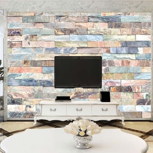 Multicolor Faux Stone Wallpaper – Realistic Flat Print Wall Mural for Accent Walls, Rustic Modern Look, Peel & Stick, Easy to Apply Decor