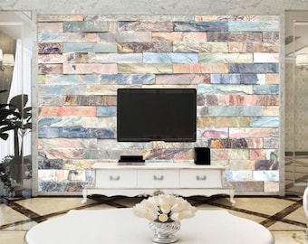 Multicolor Faux Stone Wallpaper – Realistic Flat Print Wall Mural for Accent Walls, Rustic Modern Look, Peel & Stick, Easy to Apply Decor