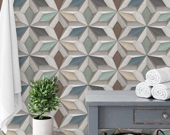 Geometric Star Tile Wallpaper, 3D Effect Multicolor Diamond Wall Mural for Bathroom or Entryway, Modern Ceramic Look, Removable Peel & Stick