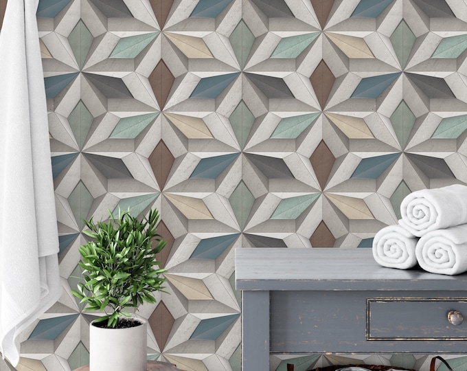 Geometric Star Tile Wallpaper, 3D Effect Multicolor Diamond Wall Mural for Bathroom or Entryway, Modern Ceramic Look, Removable Peel & Stick