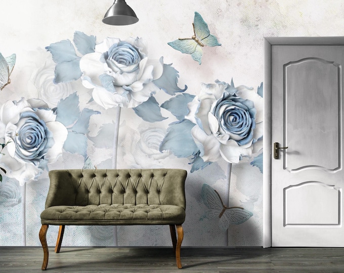 Large Floral Wallpaper Wall Mural, Blue Peony Flower and Butterflies Wall Mural Living Room and Bedroom Wallpaper, Big Blossom Wallpaper