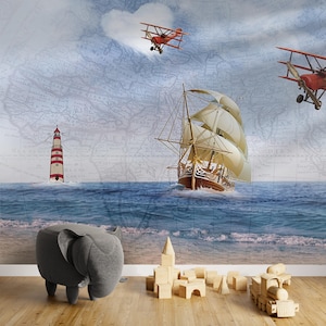Nursery and Child Room Wallpaper, Plane Lighthouse and Sailboat Wall Mural, Child Room Decoration, Peel and Stick, Gift for Kids Room
