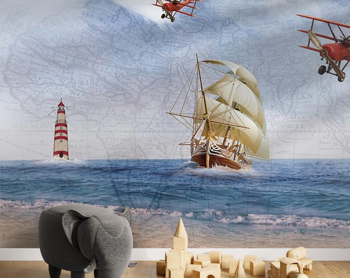 Nursery and Child Room Wallpaper, Plane Lighthouse and Sailboat Wall Mural, Child Room Decoration, Peel and Stick, Gift for Kids Room