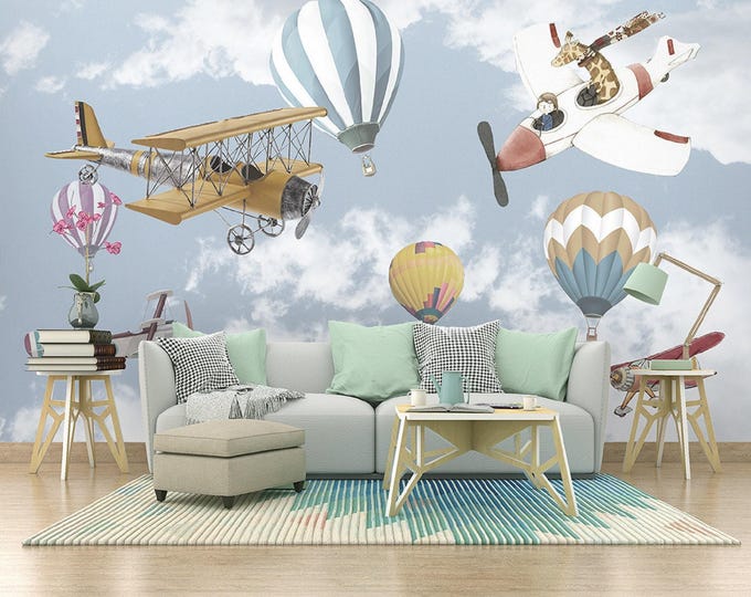 Airplane and Baloon Wallpaper Kids Room Cartoon  Wall Mural  Removable Wallpaper (CR17)