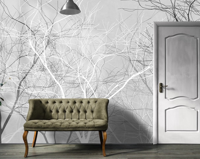 Monochrome Forest Wall Mural – Gray White Minimalist Bare Tree Branch Design Wallpaper for Modern Interiors,  Peel and Stick Wallpaper