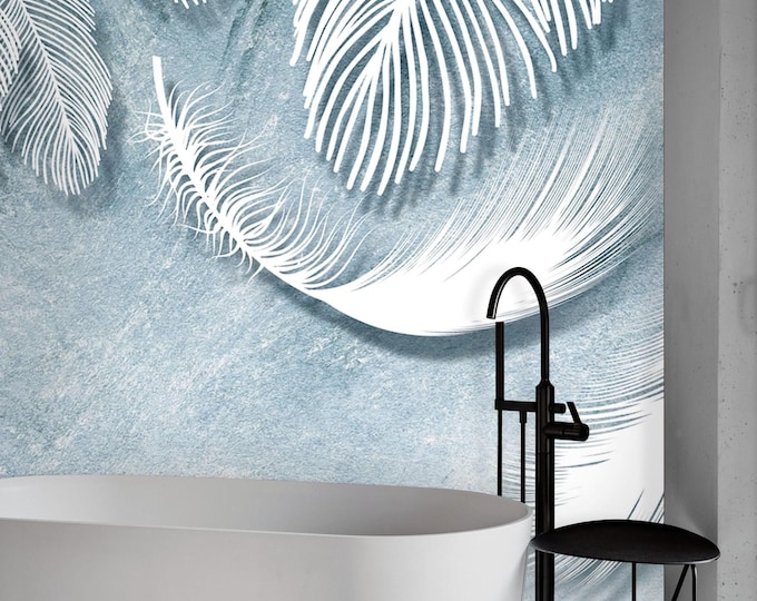 Large Floral Wallpaper Wall Mural, White Feathers On Blue Background Flower Wall Mural for Beautiful Living Room and Bedroom Wallpaper
