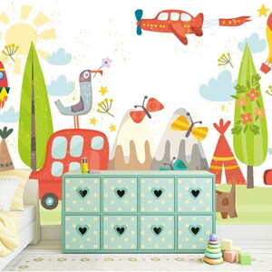 Cartoon Children Room Wallpaper,   Nursery Wall Mural, Car, Animals, Air Baloon and Plane,  Baby Room Decoration (CR5A)