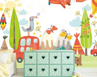 Cartoon Children Room Wallpaper,   Nursery Wall Mural, Car, Animals, Air Baloon and Plane,  Baby Room Decoration (CR5A)