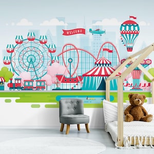Carnival Theme Kids Wallpaper – Colorful Amusement Park Wall Mural with Ferris Wheel, Roller Coaster, Circus Tent – Peel and Stick Decor