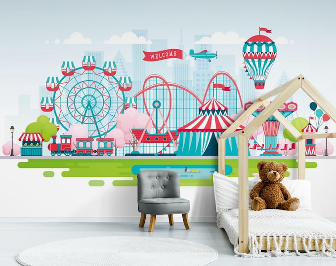 Carnival Theme Kids Wallpaper – Colorful Amusement Park Wall Mural with Ferris Wheel, Roller Coaster, Circus Tent – Peel and Stick Decor