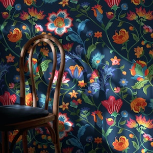 Maximalist Folk Art Floral Wallpaper, Colorful Navy Blue Wall Mural, Vibrant Botanical Accent Decor, Removable Peel & Stick