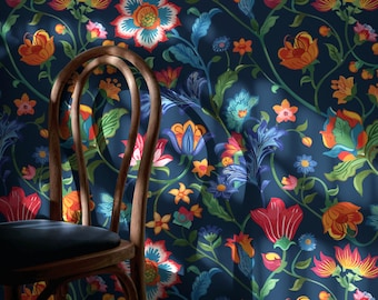 Maximalist Folk Art Floral Wallpaper, Colorful Navy Blue Wall Mural, Vibrant Botanical Accent Decor, Removable Peel & Stick