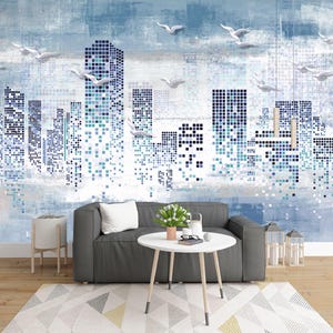 Mural de pared moderno con mosaico urbano: horizonte azul con pájaros, papel tapiz autoadhesivo urbano, vinilo removible para sala de estar u oficina. imagen 3