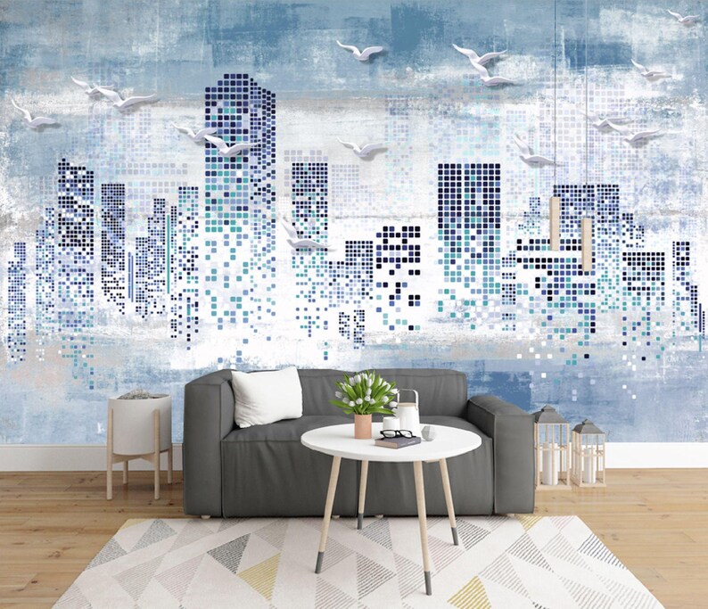 Mural de pared moderno con mosaico urbano: horizonte azul con pájaros, papel tapiz autoadhesivo urbano, vinilo removible para sala de estar u oficina. imagen 3