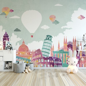 Air Balloons And Cities Child Room Wallpaper  Pink Nursery Wall Mural  Girl Child and Baby Baby Room Decoration (CR72)