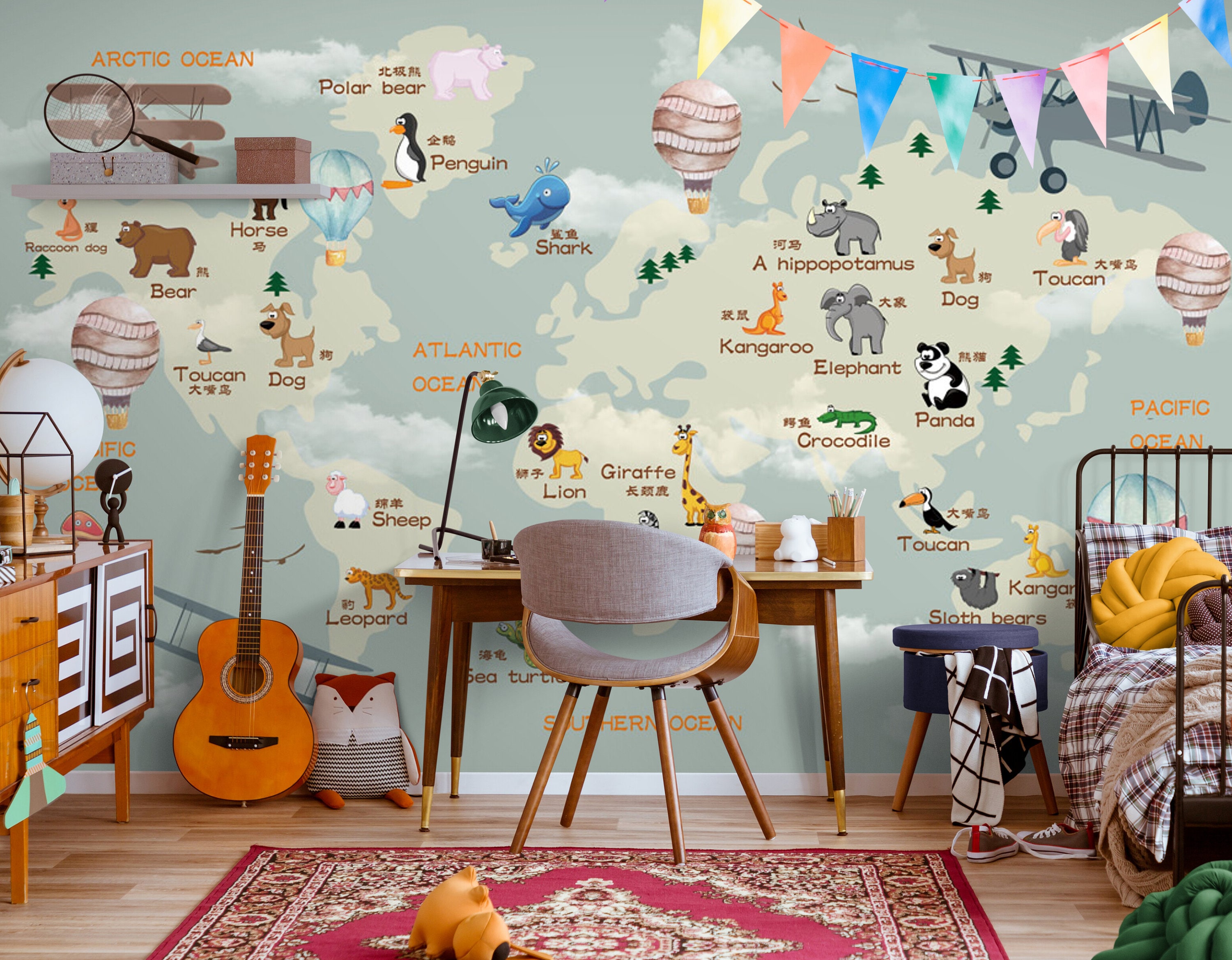 Mural Mapa Infantil con Texto y Nombre personalizable en papel pintado para  paredes Fantasía VCMF-009