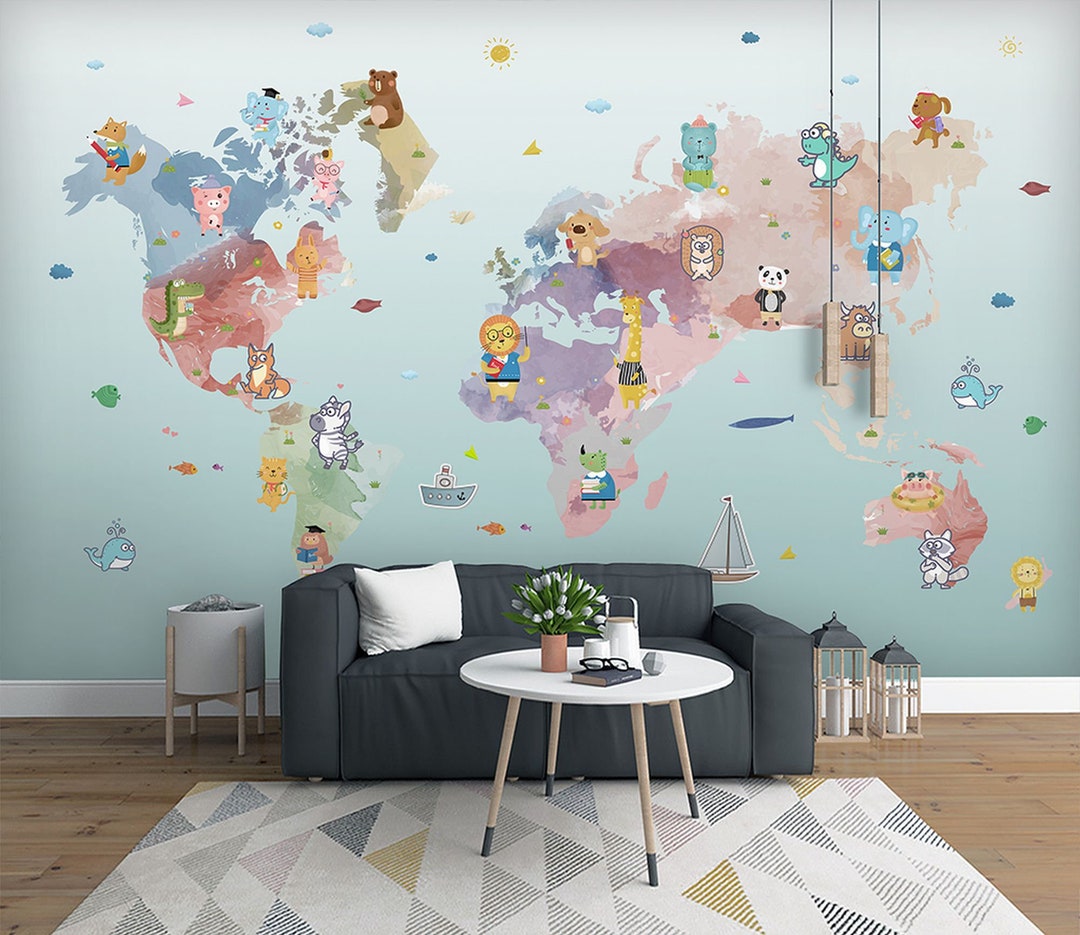 Animal World Map Kids Room Wallpaper Multi Color Cartoon Wall - Etsy Animal World Map Kids Room Wallpaper Multi Color Cartoon Wall - Etsy