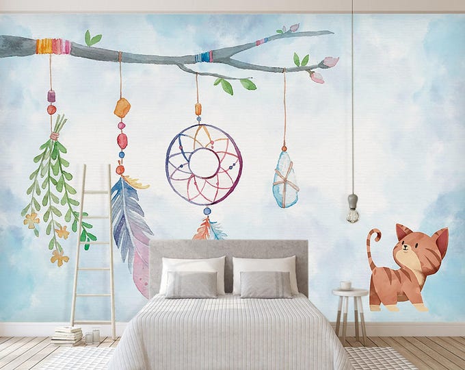 Kitten Watercolor Wallpaper  Feather Kids Room Cartoon  Wall Mural  Removable Wallpaper (CR21)